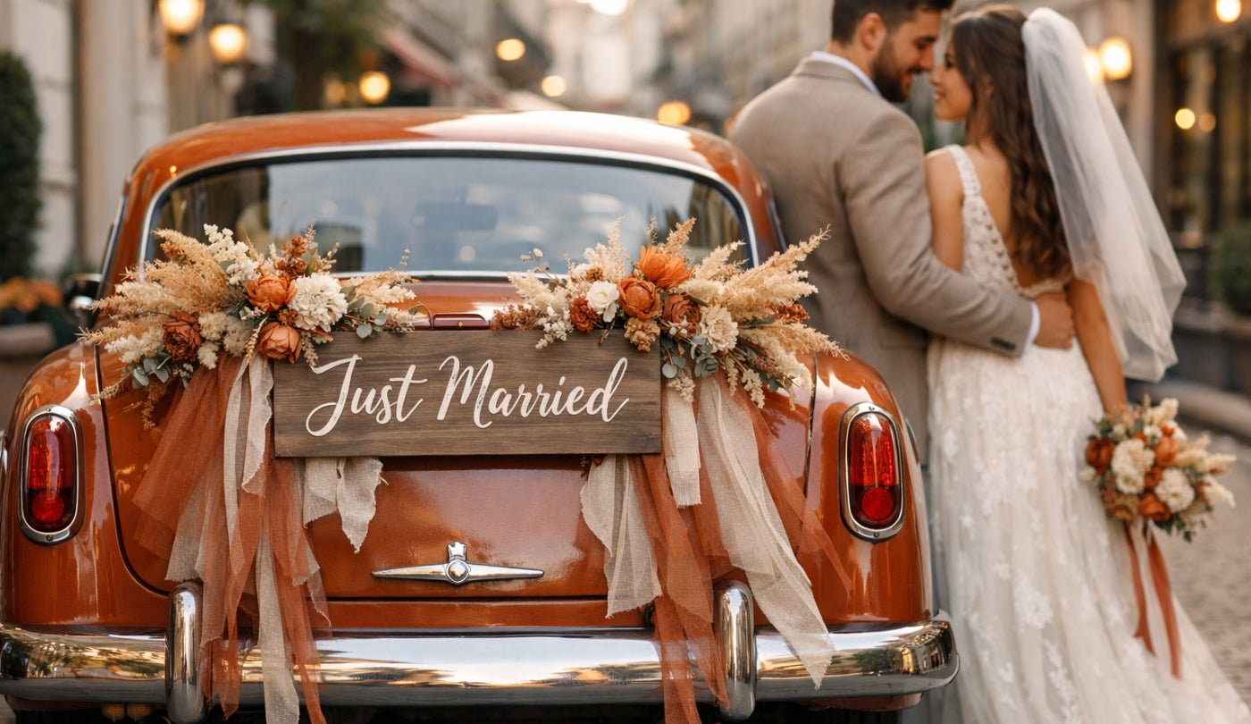 Déco de voiture de mariage terracotta