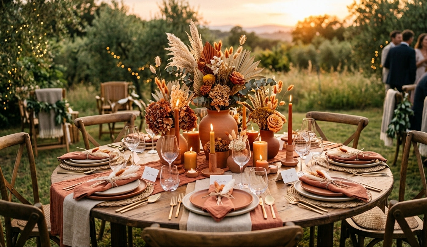 Comment réussir une déco de table ronde mariage terracotta chic et nat ...